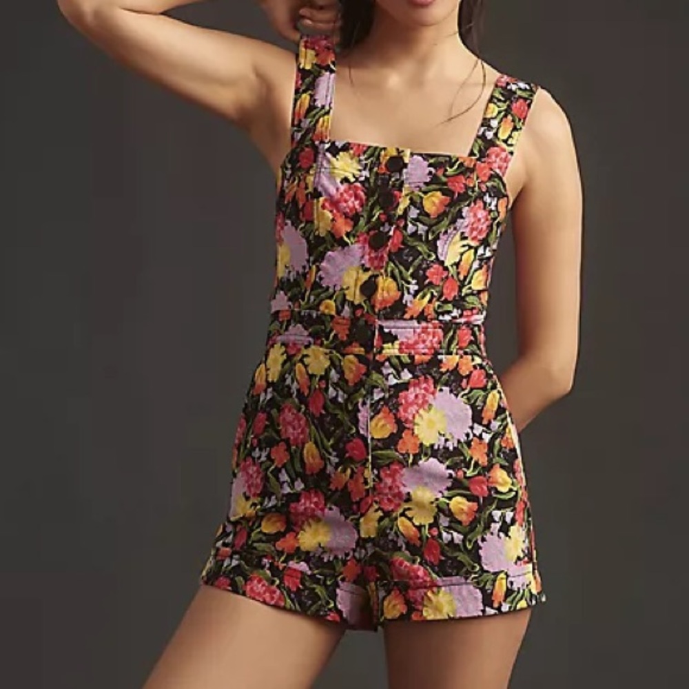 Anthropologie x Yukiko Noritake Portside Button-Front Colorful Floral Romper - Picture 2 of 8